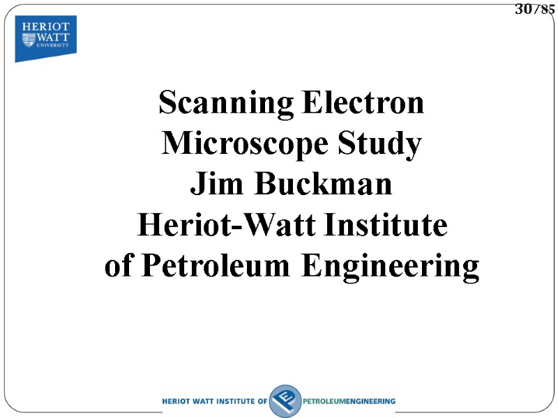 Scanning Electron Microscope Study Jim Buckman Heriot-Watt Institute  of Petroleum Engineering  30/85